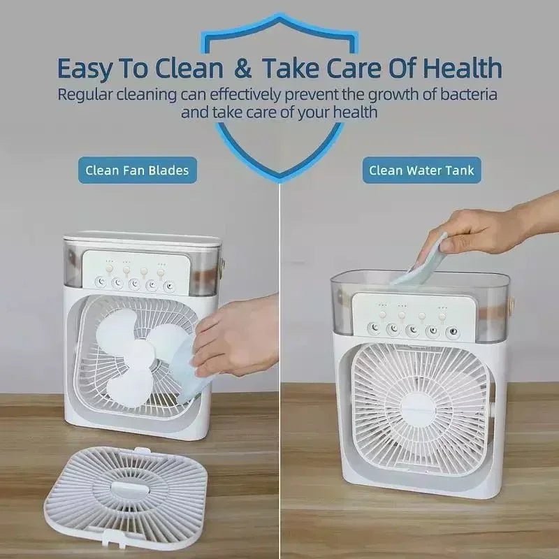 3-in-1 Portable Mini Air Cooler Fan with Humidifier & LED Night Light – USB Rechargeable Personal Desktop Cooling Fan - Web Luxes