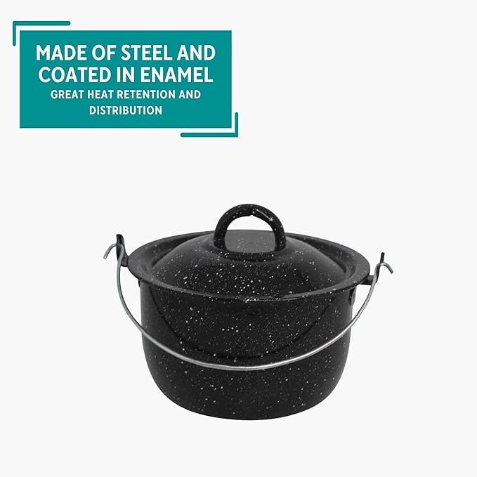 3 Quart Enamel Stock Pot with Lid & Handle – Black Speckled Steel Cooking Pot for Soups, Stews, Camping & Outdoor Cooking - Web Luxes