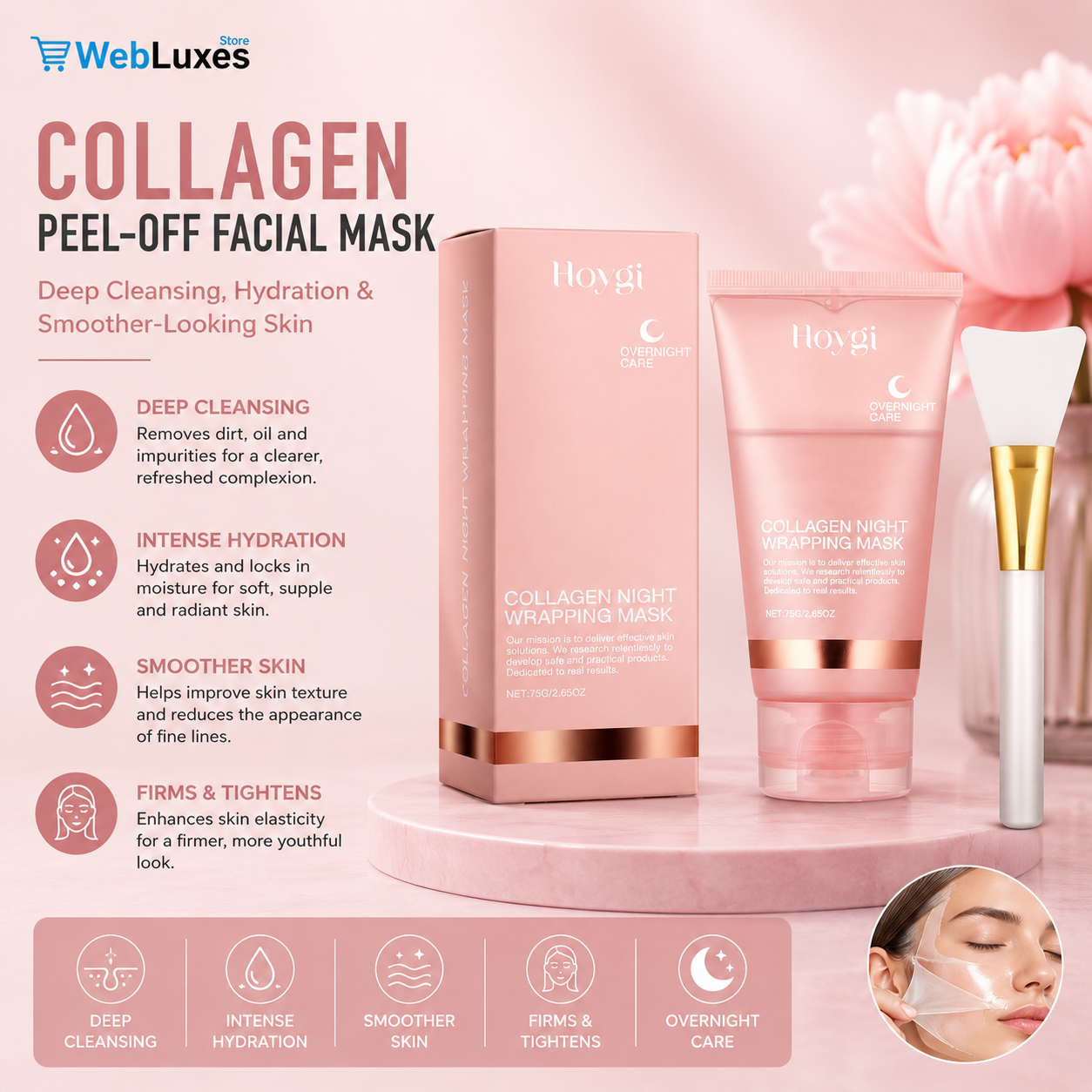 Collagen Peel-Off Facial Mask for Deep Cleansing, Hydration & Smoother-Looking Skin