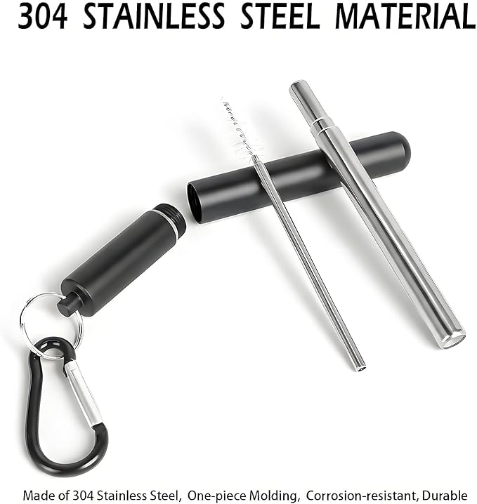 Collapsible Stainless Steel Drinking Straws Set with Aluminum Carrying Case, Cleaning Brush & Keychain – Reusable Portable Metal Straw Kit (Black & Silver) - Web Luxes