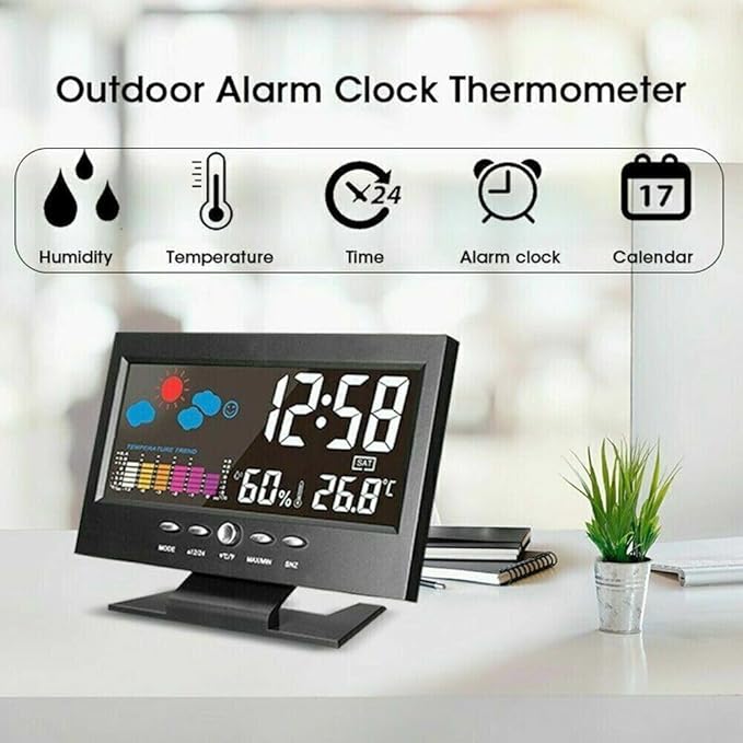 Digital Weather Station Alarm Clock – Color LCD Display with Indoor Temperature, Humidity, Calendar, Weather Forecast & Snooze for Bedroom, Office & Desk - WebLuxes Store