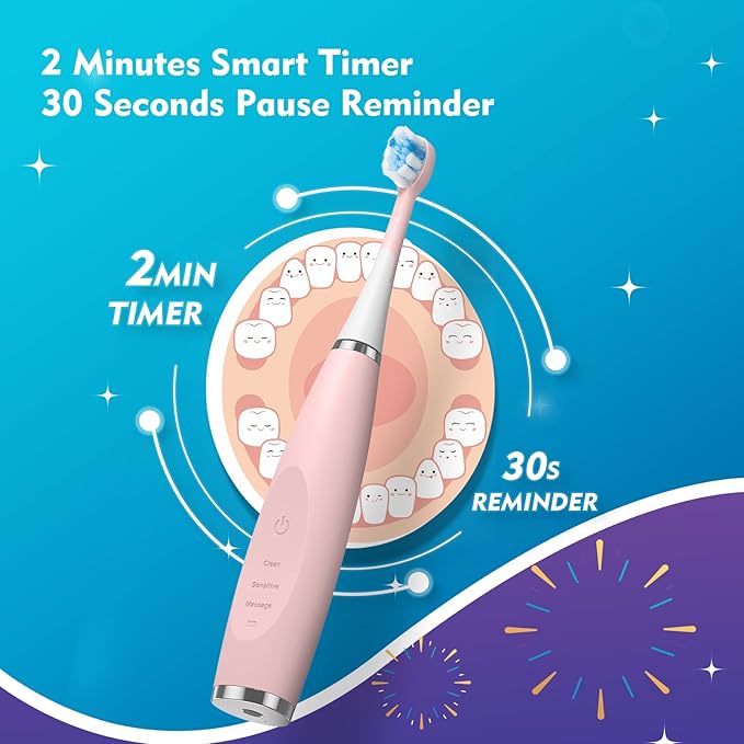 Rechargeable Toothbrush for Kids with 6 Brush Heads – Children's Sonic Toothbrush, 3 Modes & Smart Timer (Pink) - WebLuxes Store