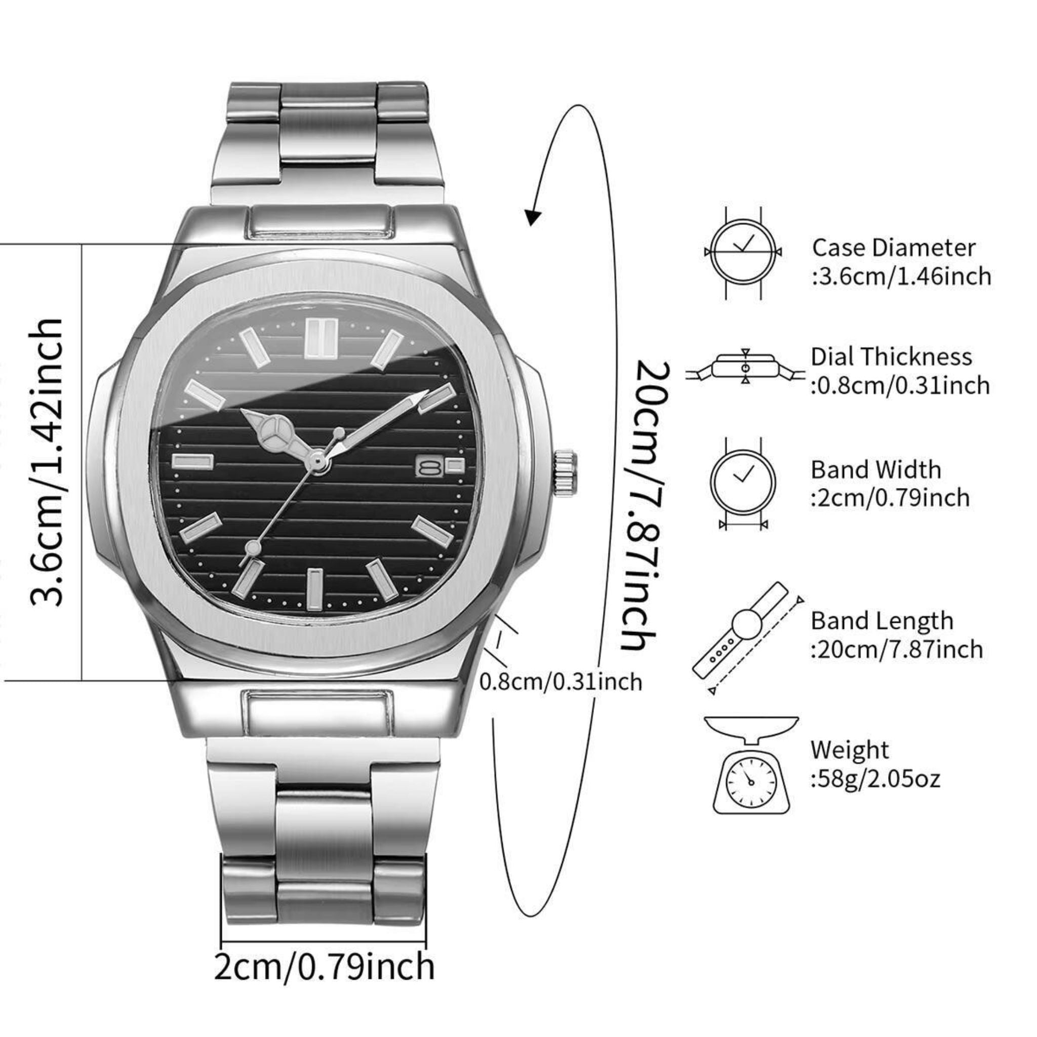 Men's Square Dial Quartz Watch with Stainless Steel Strap & Calendar - Web Luxes