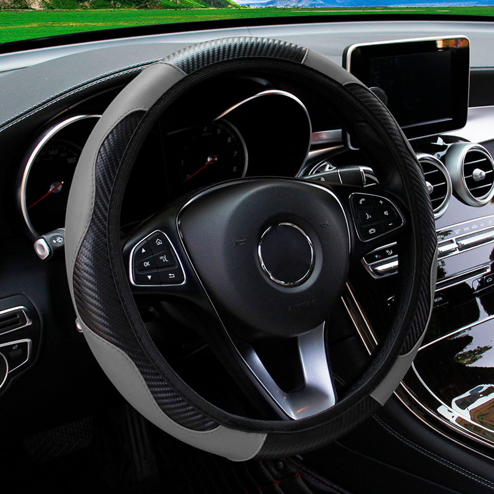 PU Leather Carbon Fiber Steering Wheel Cover for 14.5–15 Inch Steering Wheels