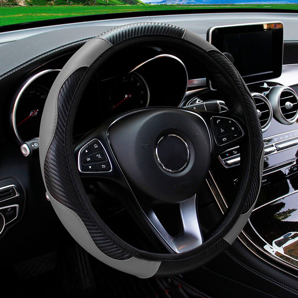 PU Leather Carbon Fiber Steering Wheel Cover for 14.5–15 Inch Steering Wheels - Web Luxes