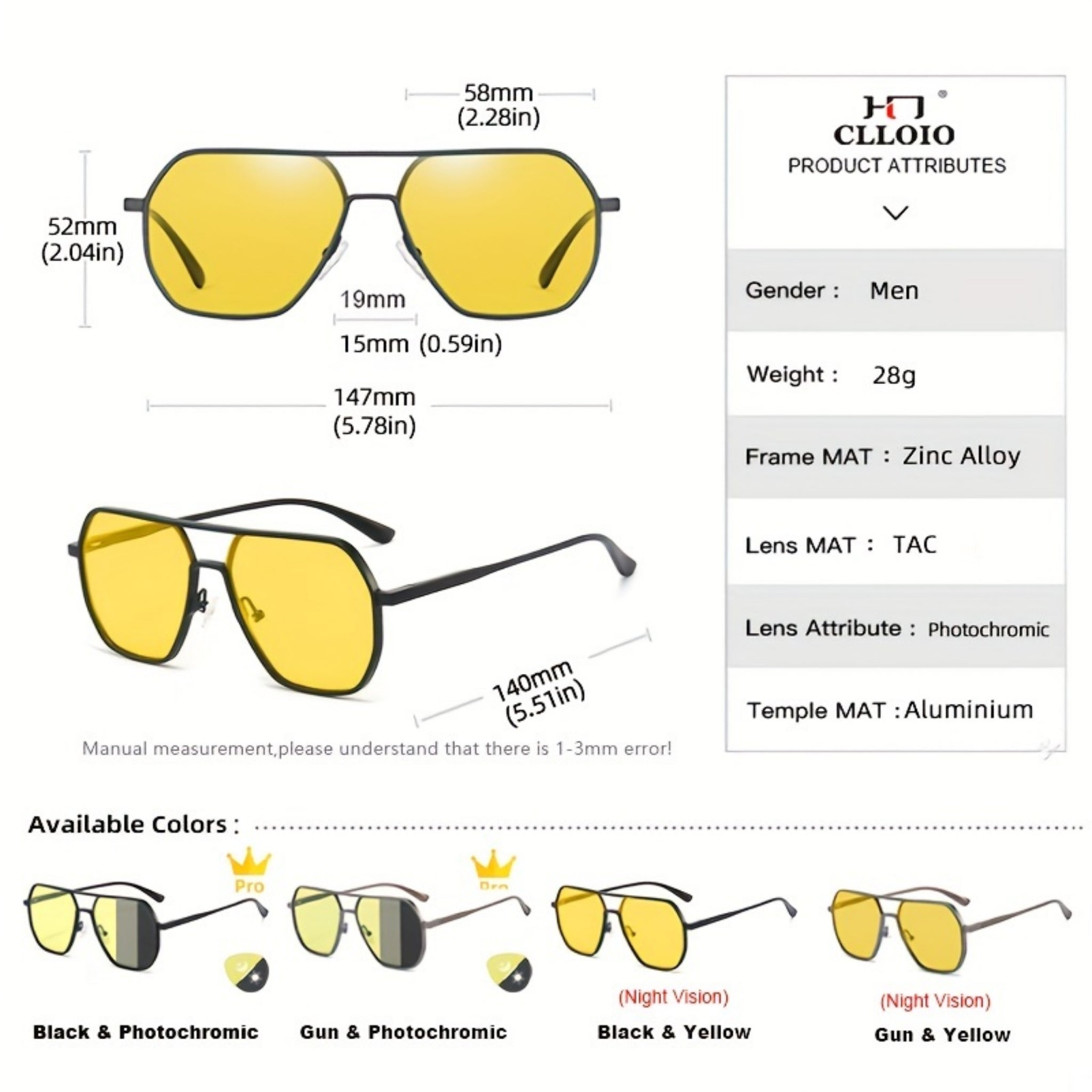Polarized Day & Night Vision Driving Glasses for Men & Women UV400 Square Metal Frame Sunglasses - Web Luxes