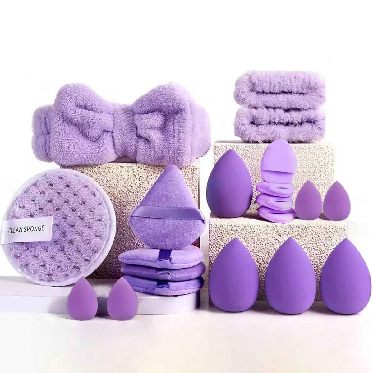 Professional Makeup Brush & Beauty Sponge Set with Powder Puffs and Spa Headband - Web Luxes