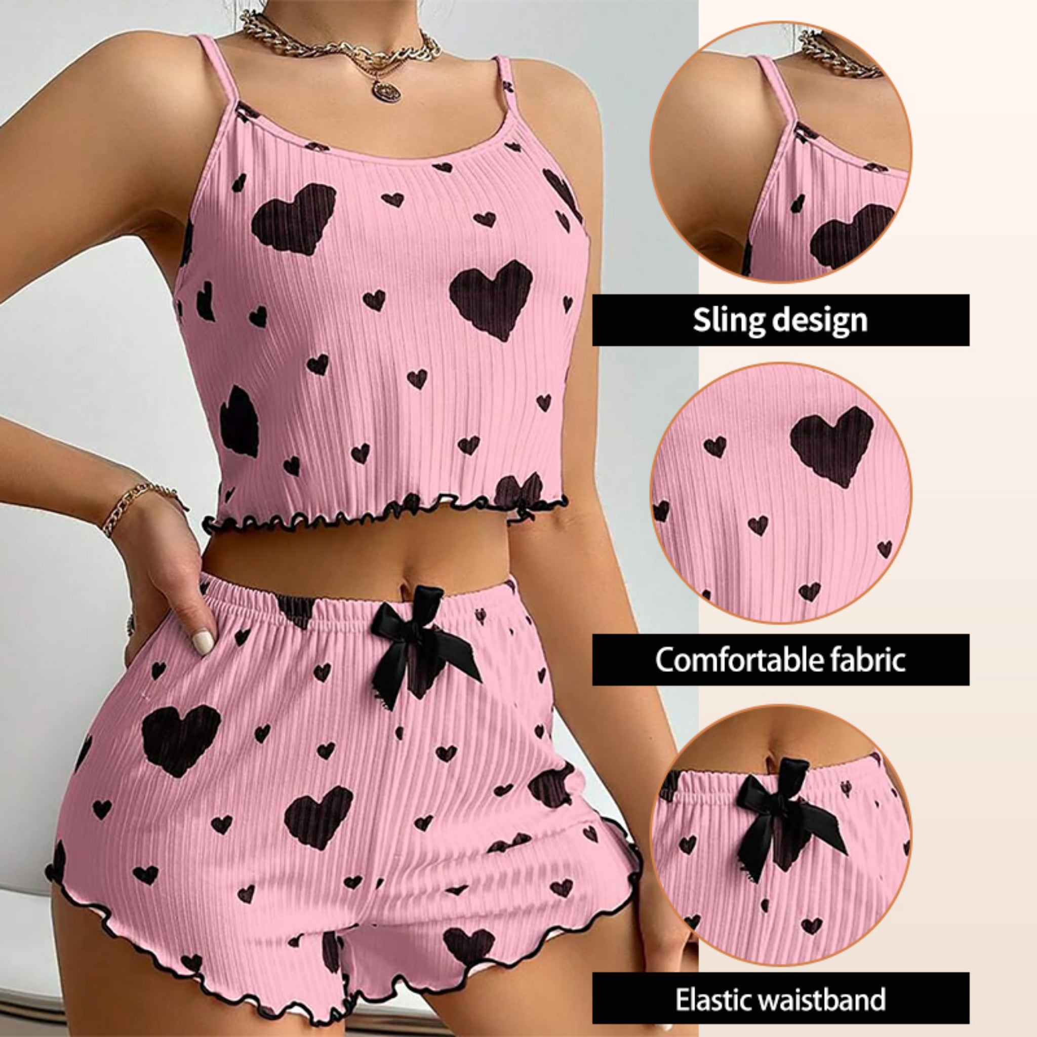 Women's 2 Piece Heart Print Pajama Set – Soft Ribbed Cami Tank Top & Lounge Shorts Sleepwear