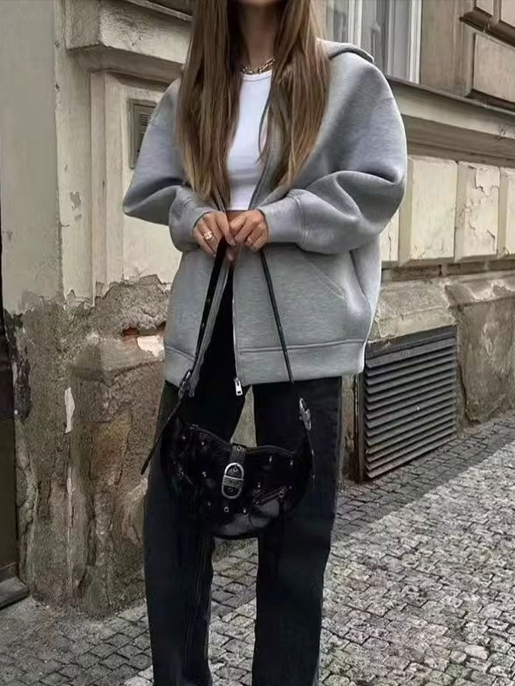 Women’s Gray Hooded Jacket | Loose Fit Autumn Zip Coat