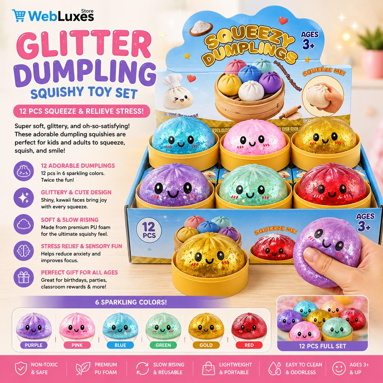 12 PCS Glitter Dumpling Squishy Stress Relief Toy with Gift Box Sensory Squeeze Fidget Toy