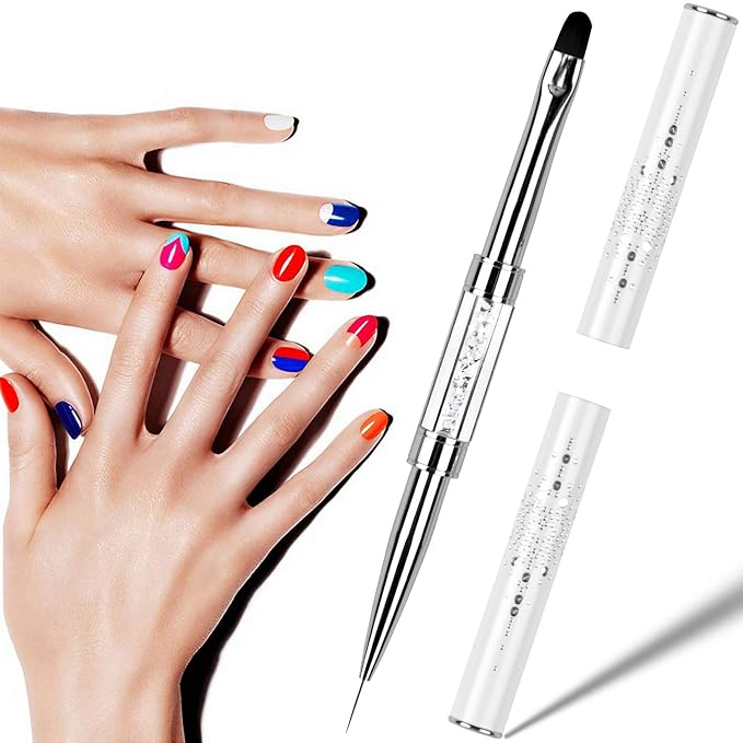Dual-Ended Nail Art Brush for UV Builder Gel & Polygel, Fine Liner and Sculpting Brush with Rhinestone Handle, White - WebLuxes Store