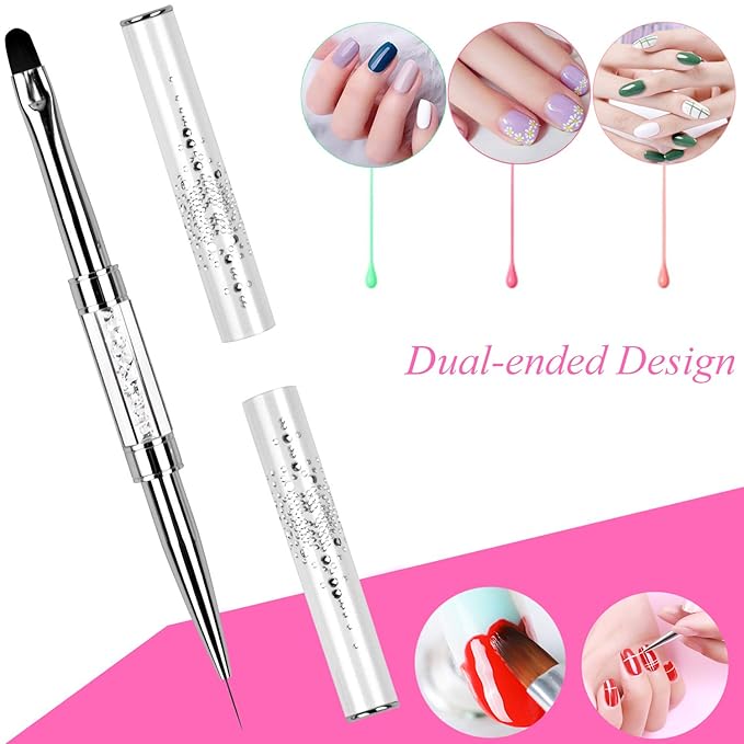 Dual-Ended Nail Art Brush for UV Builder Gel & Polygel, Fine Liner and Sculpting Brush with Rhinestone Handle, White - WebLuxes Store
