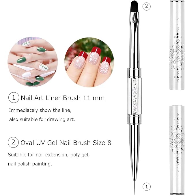 Dual-Ended Nail Art Brush for UV Builder Gel & Polygel, Fine Liner and Sculpting Brush with Rhinestone Handle, White - WebLuxes Store