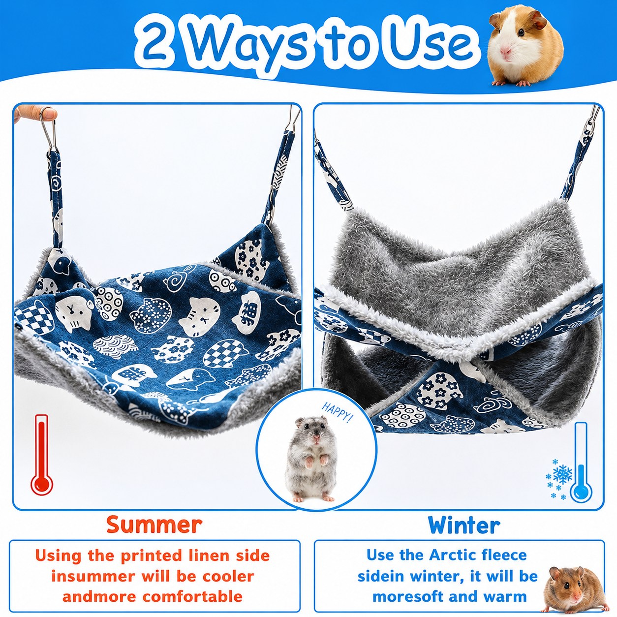 2-Layer Small Pet Hammock – Warm Hanging Bed for Hamsters, Guinea Pigs & Ferrets