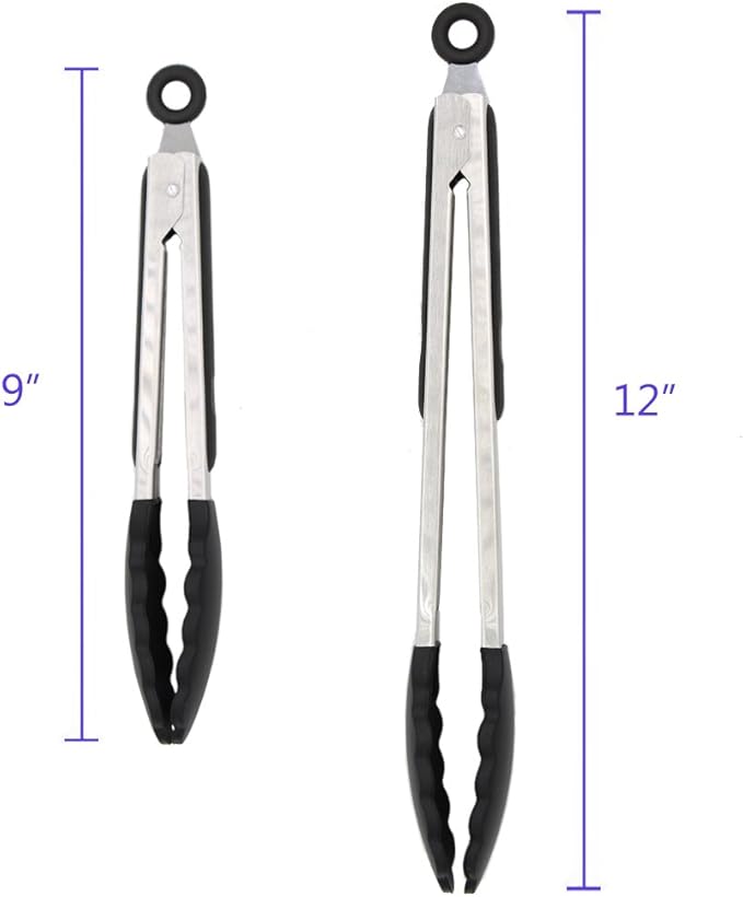 2-Pack Premium Silicone Kitchen Tongs Set – 9" & 12" Stainless Steel Non-Stick BBQ, Cooking & Serving Food Tongs with Locking Mechanism - Web Luxes