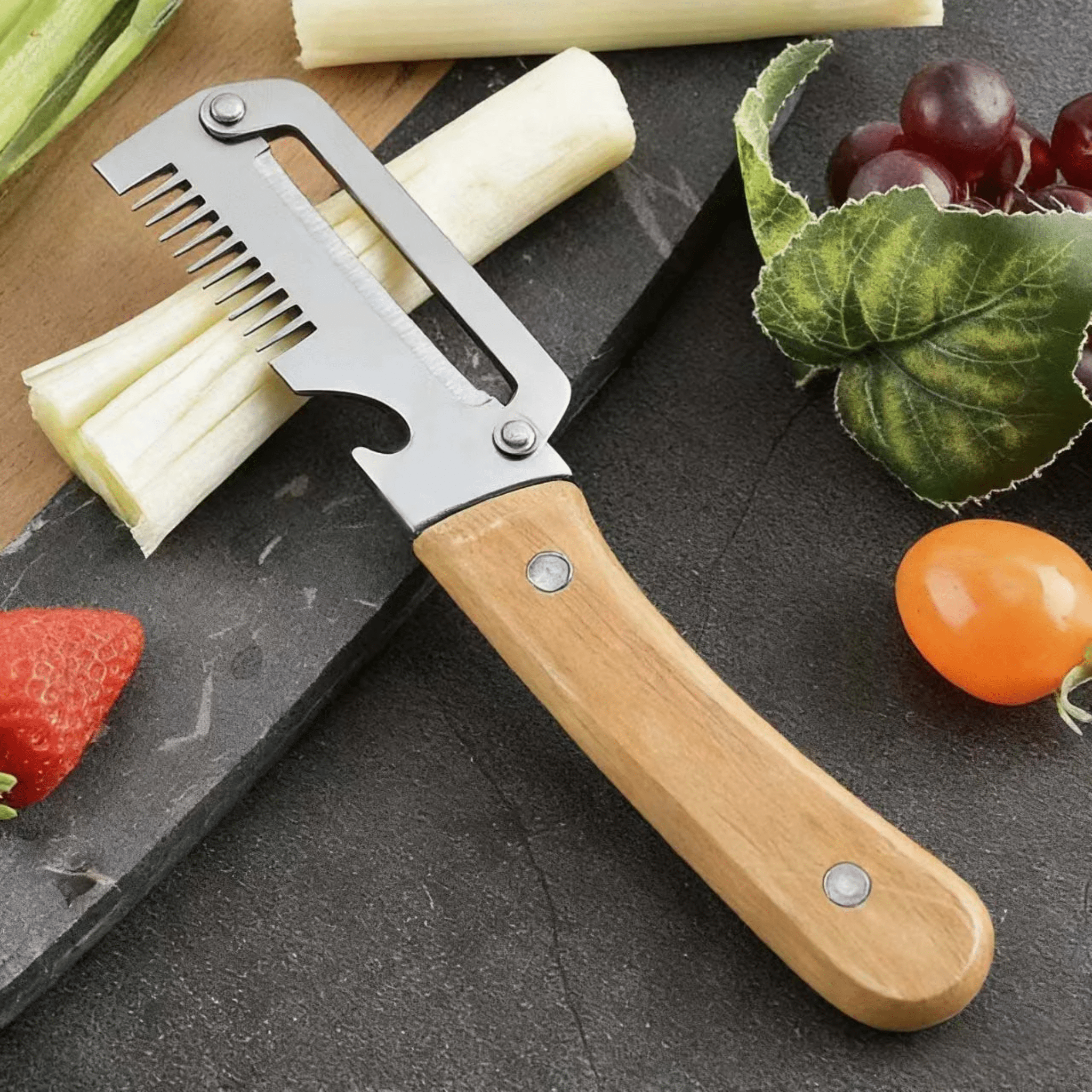 2-in-1 Stainless Steel Vegetable Peeler & Julienne Slicer with Ergonomic Wooden Handle – Multifunction Fruit & Potato Peeler - WebLuxes Store