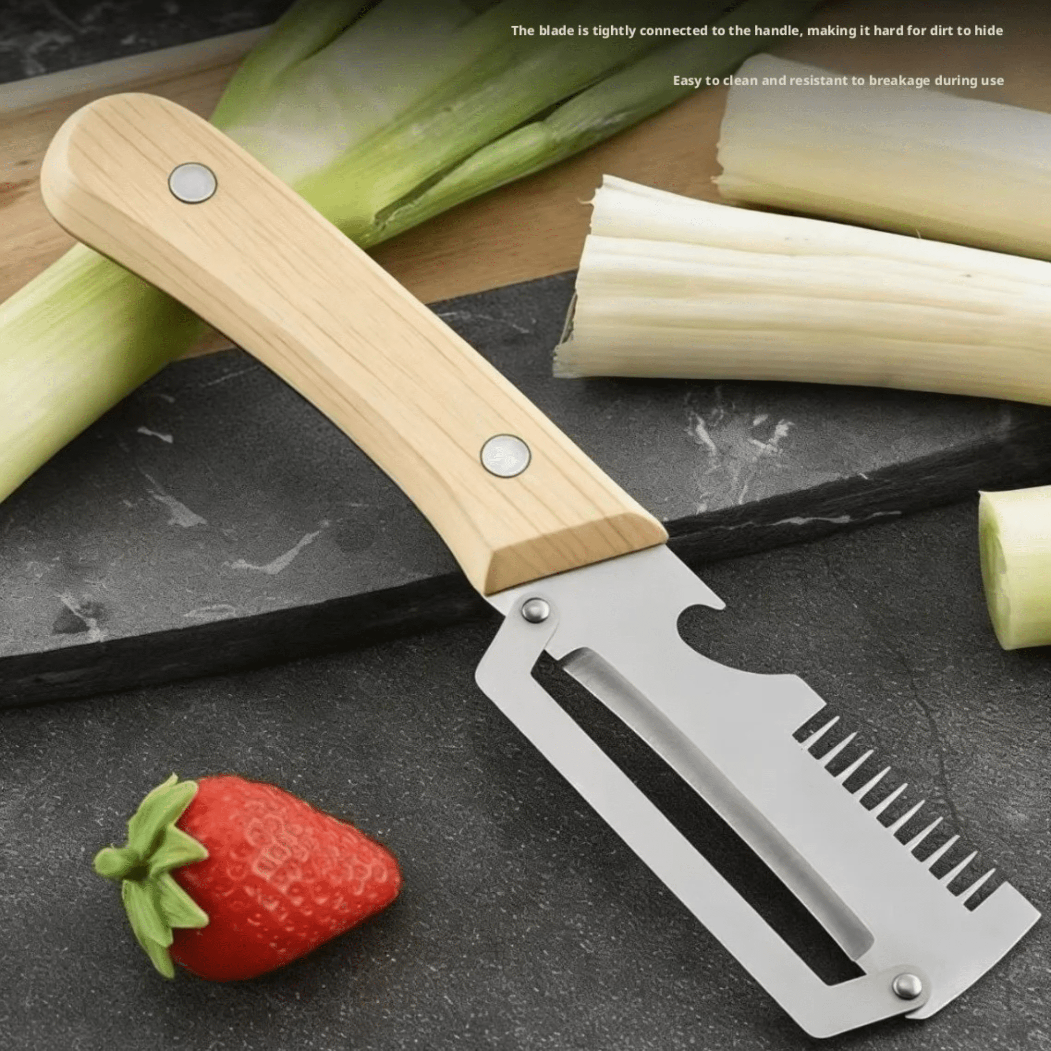 2-in-1 Stainless Steel Vegetable Peeler & Julienne Slicer with Ergonomic Wooden Handle – Multifunction Fruit & Potato Peeler - WebLuxes Store