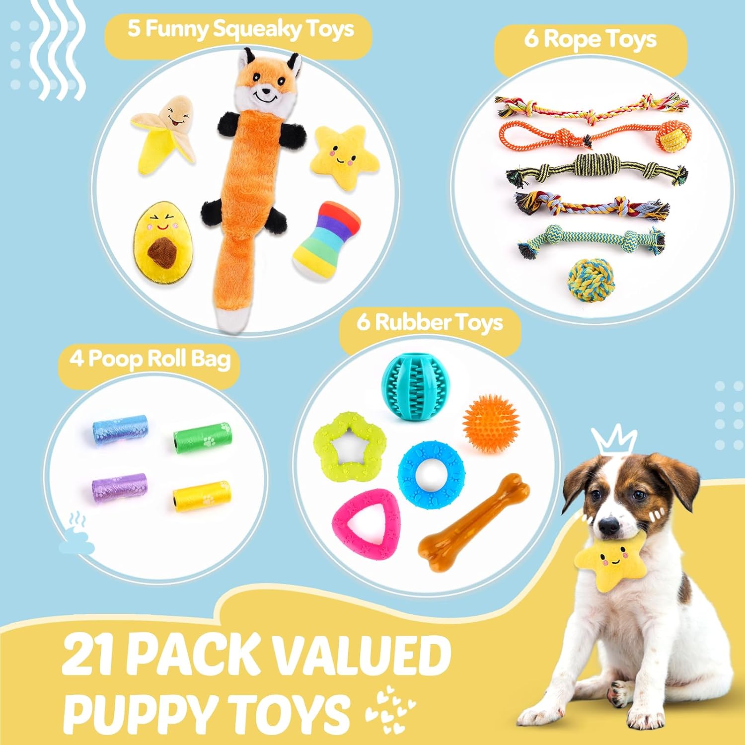 21PCS Puppy Chew Toys Set for Small Dogs with Rope Toys, Squeaky Plush Toys & Treat Ball