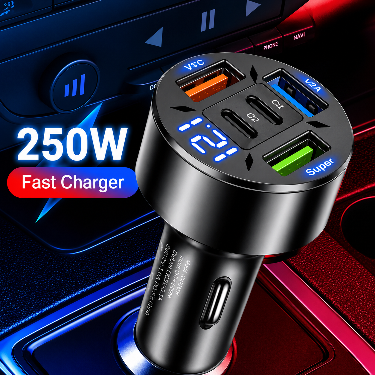 250W Fast Car Charger with 2 USB-C PD & 3 USB QC 3.0 Ports Digital Voltage Display