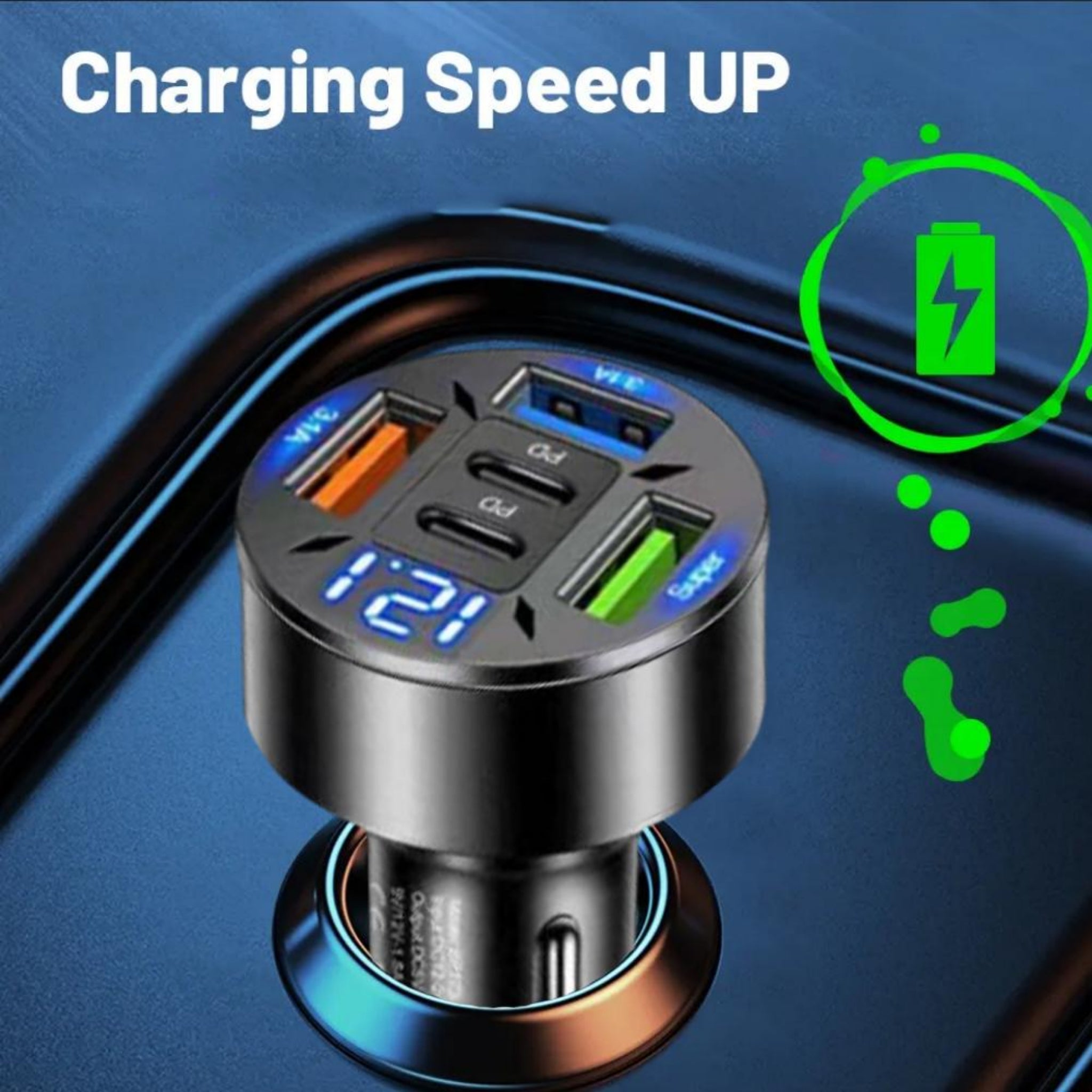 250W Fast Car Charger with 2 USB-C PD & 3 USB QC 3.0 Ports Digital Voltage Display