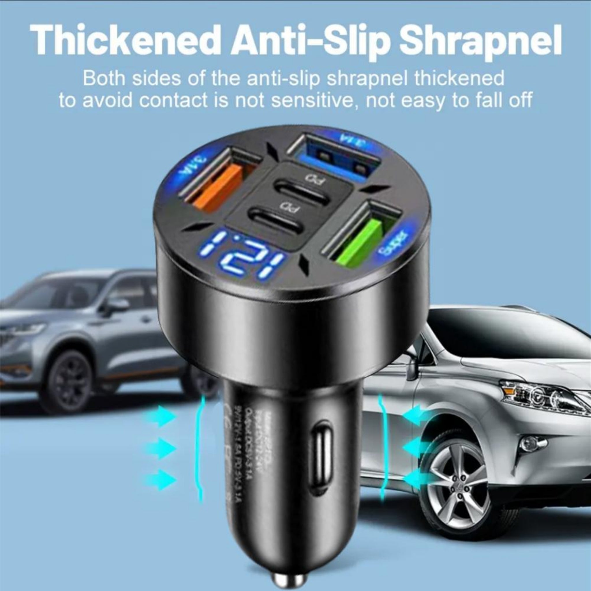 250W Fast Car Charger with 2 USB-C PD & 3 USB QC 3.0 Ports Digital Voltage Display
