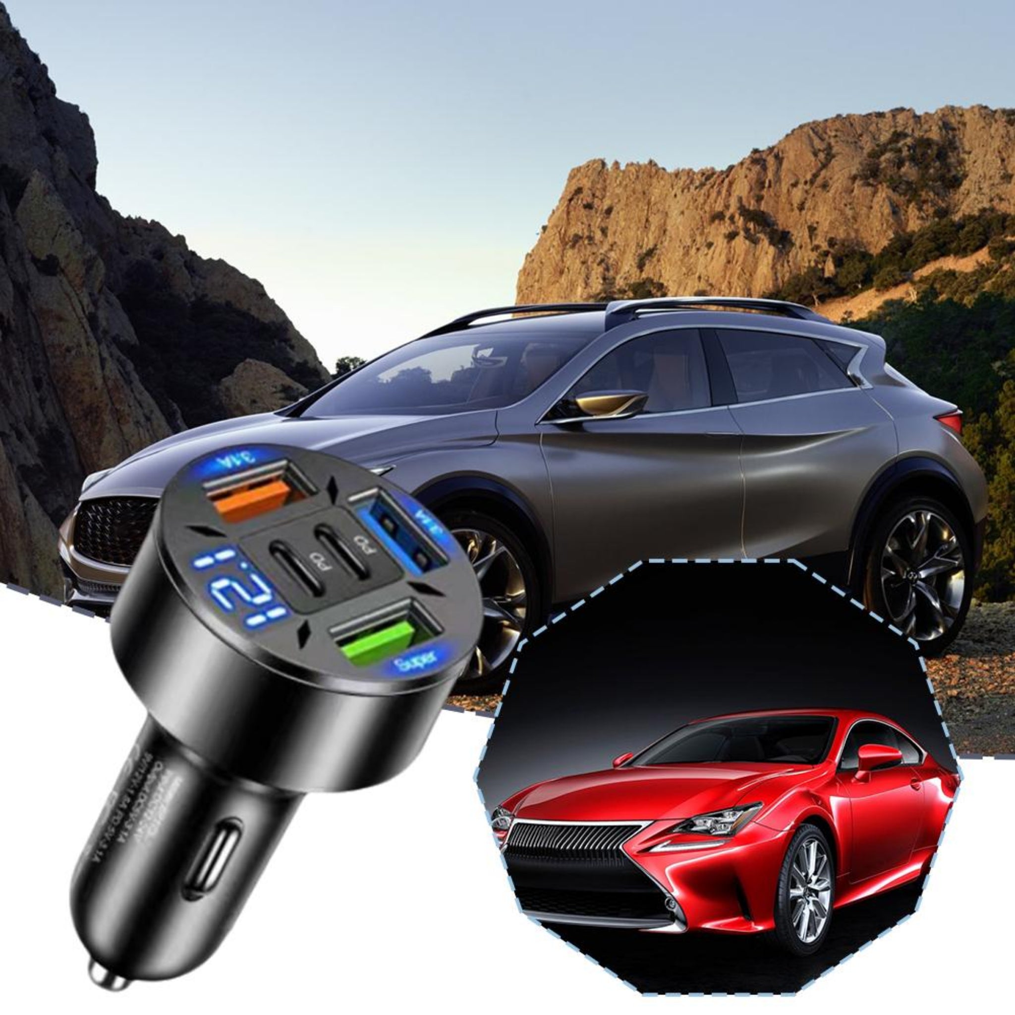 250W Fast Car Charger with 2 USB-C PD & 3 USB QC 3.0 Ports Digital Voltage Display