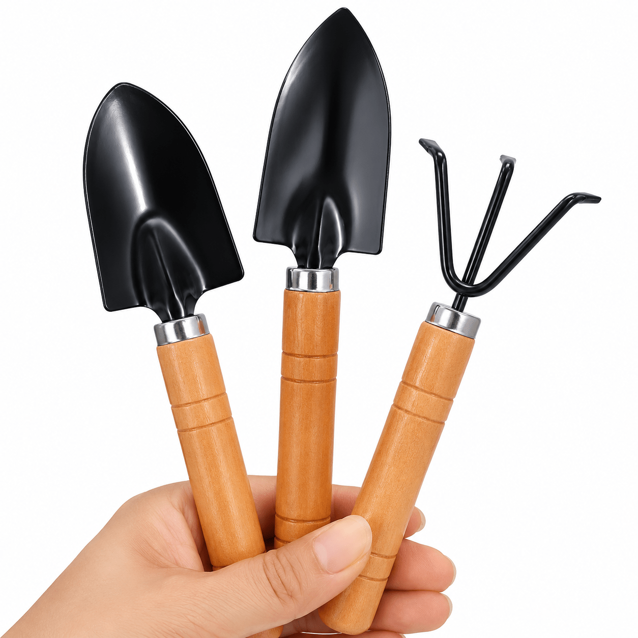 3 Piece Mini Garden Tool Set with Wooden Handles, Hand Trowel, Shovel & Rake for Succulents, Bonsai & Indoor Plants - WebLuxes Store