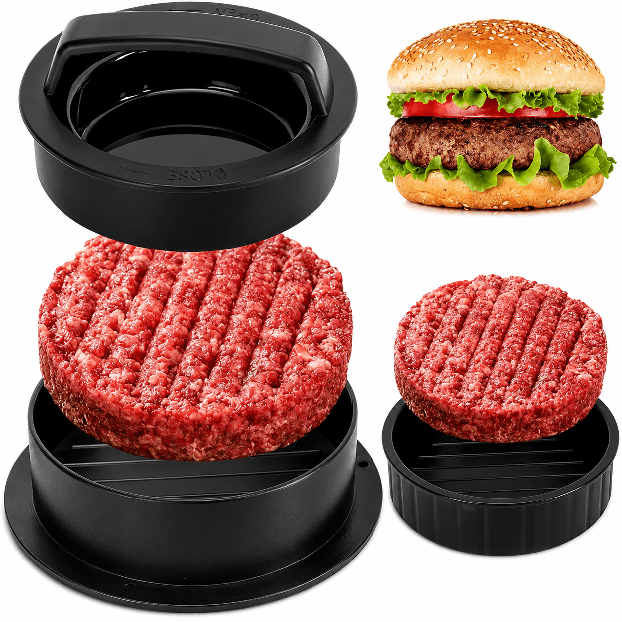 3-in-1 Burger Press Patty Maker – Non-Stick Hamburger Patty Mold for Stuffed, Regular & Slider Burgers | BBQ Kitchen Meat Press - Web Luxes