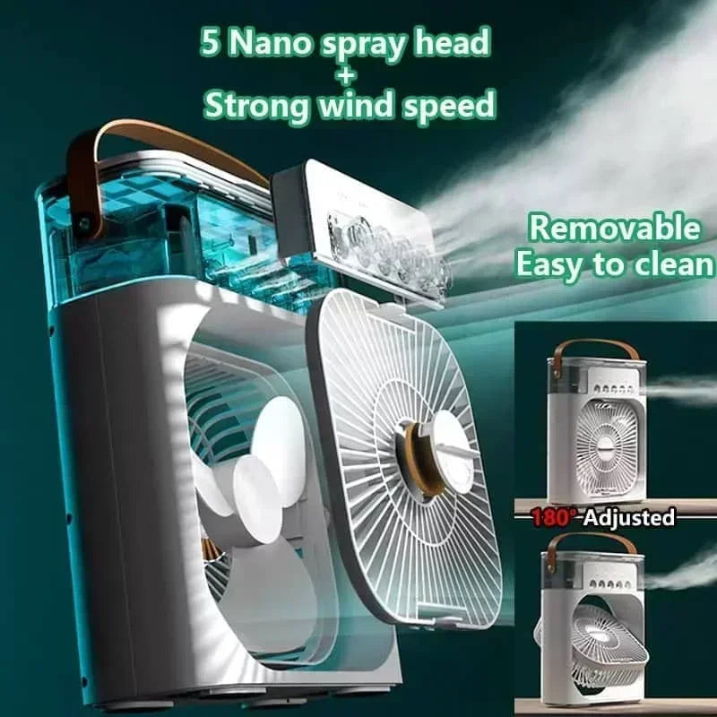 3-in-1 Portable Mini Air Cooler Fan with Humidifier & LED Night Light – USB Rechargeable Personal Desktop Cooling Fan