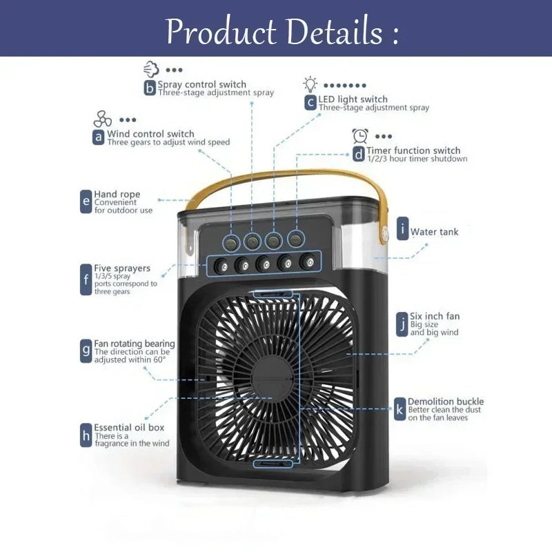 3-in-1 Portable Mini Air Cooler Fan with Humidifier & LED Night Light – USB Rechargeable Personal Desktop Cooling Fan