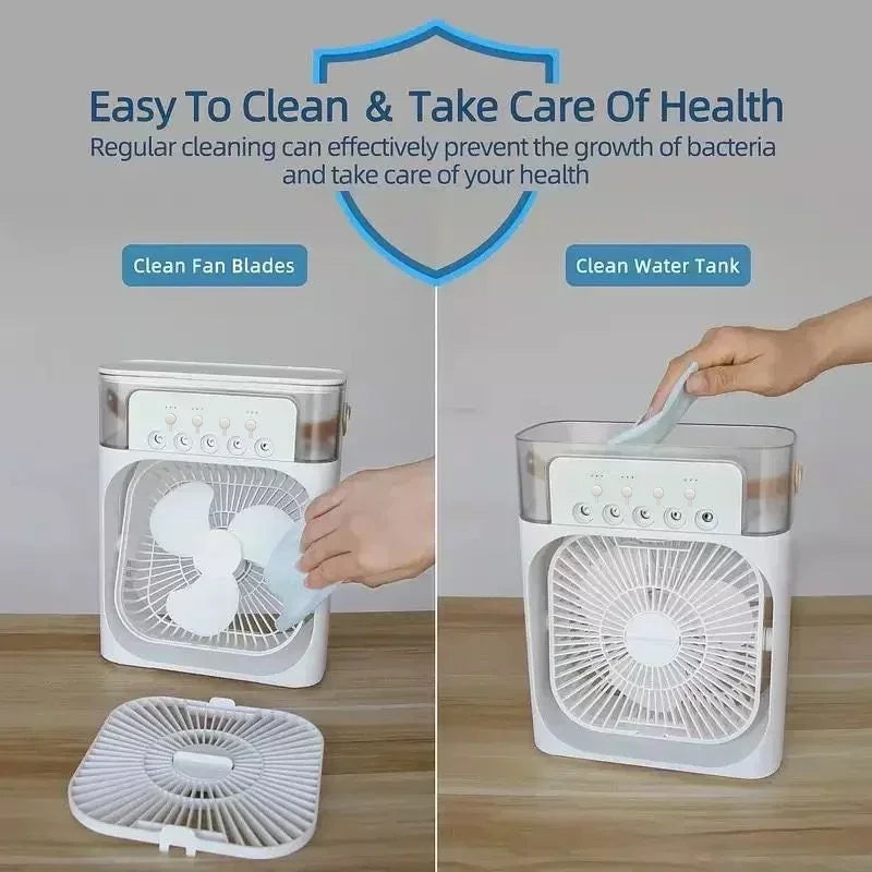 3-in-1 Portable Mini Air Cooler Fan with Humidifier & LED Night Light – USB Rechargeable Personal Desktop Cooling Fan