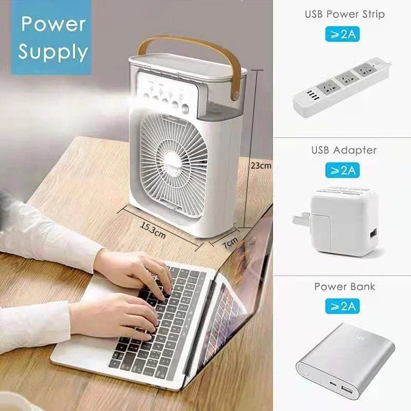 3-in-1 Portable Mini Air Cooler Fan with Humidifier & LED Night Light – USB Rechargeable Personal Desktop Cooling Fan