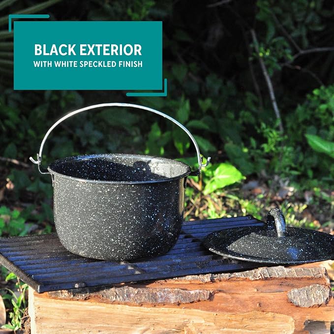 3 Quart Enamel Stock Pot with Lid & Handle – Black Speckled Steel Cooking Pot for Soups, Stews, Camping & Outdoor Cooking - Web Luxes