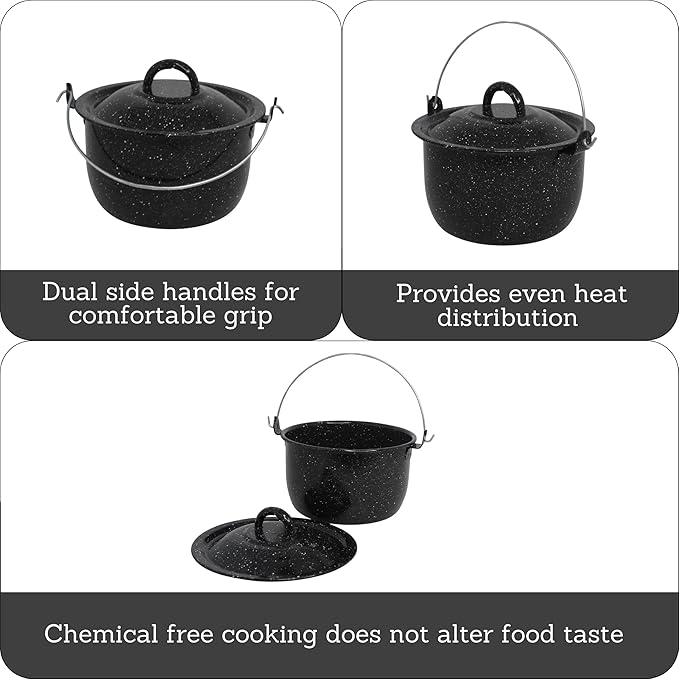 3 Quart Enamel Stock Pot with Lid & Handle – Black Speckled Steel Cooking Pot for Soups, Stews, Camping & Outdoor Cooking - Web Luxes