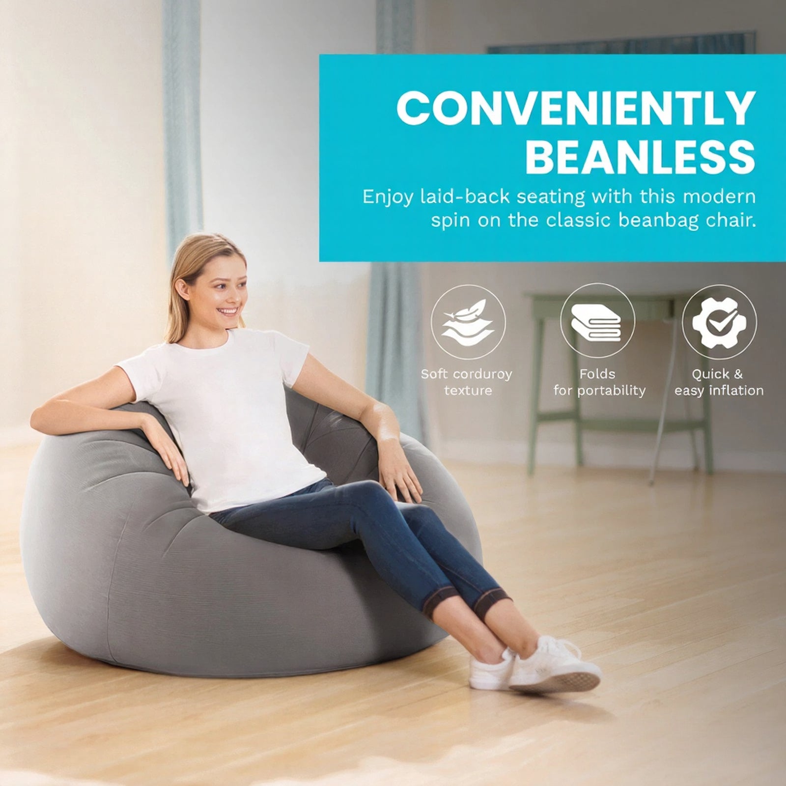 42 x 41 x 27 Inch Inflatable Beanless Lounge Chair – Soft Portable Air Sofa, Gray