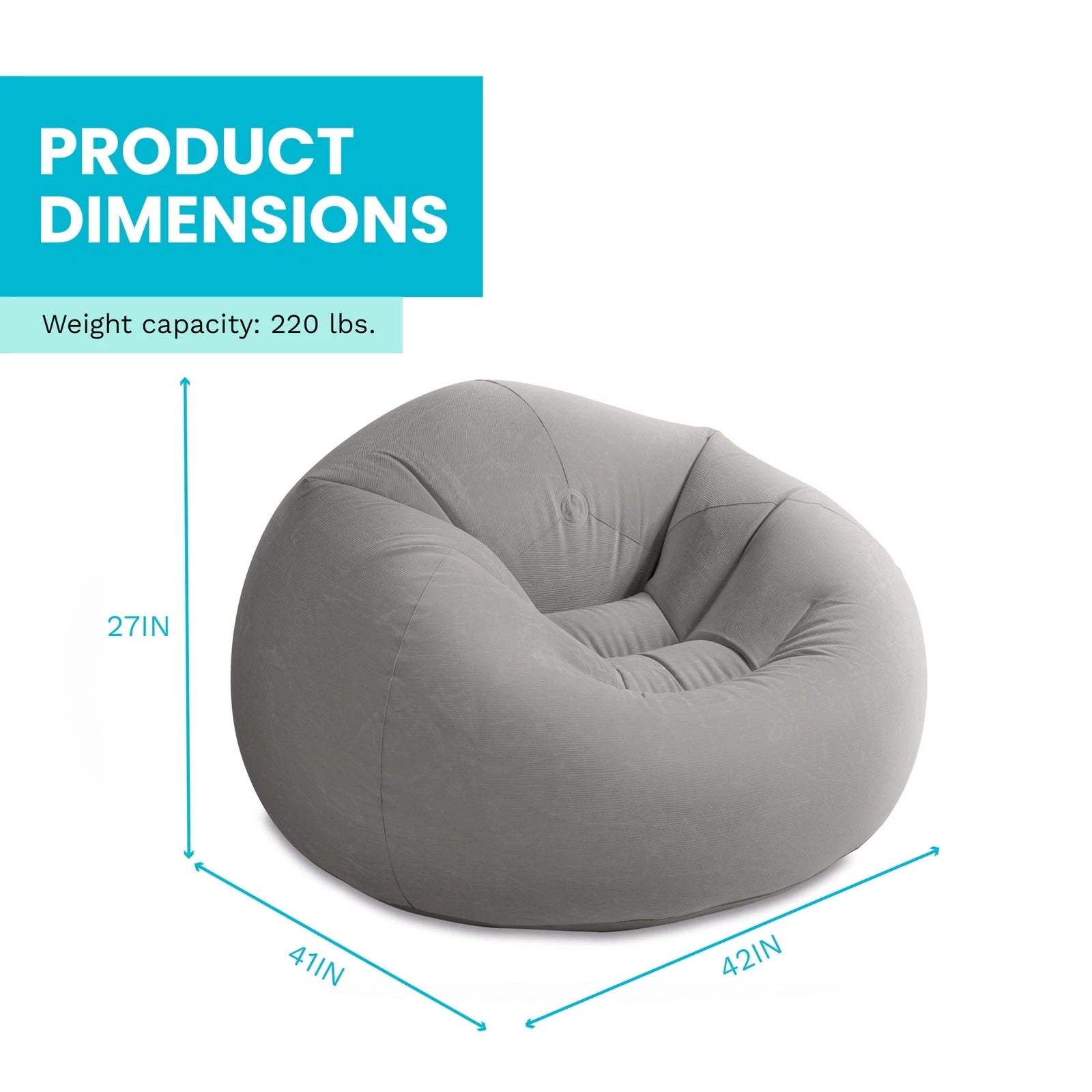 42 x 41 x 27 Inch Inflatable Beanless Lounge Chair – Soft Portable Air Sofa, Gray