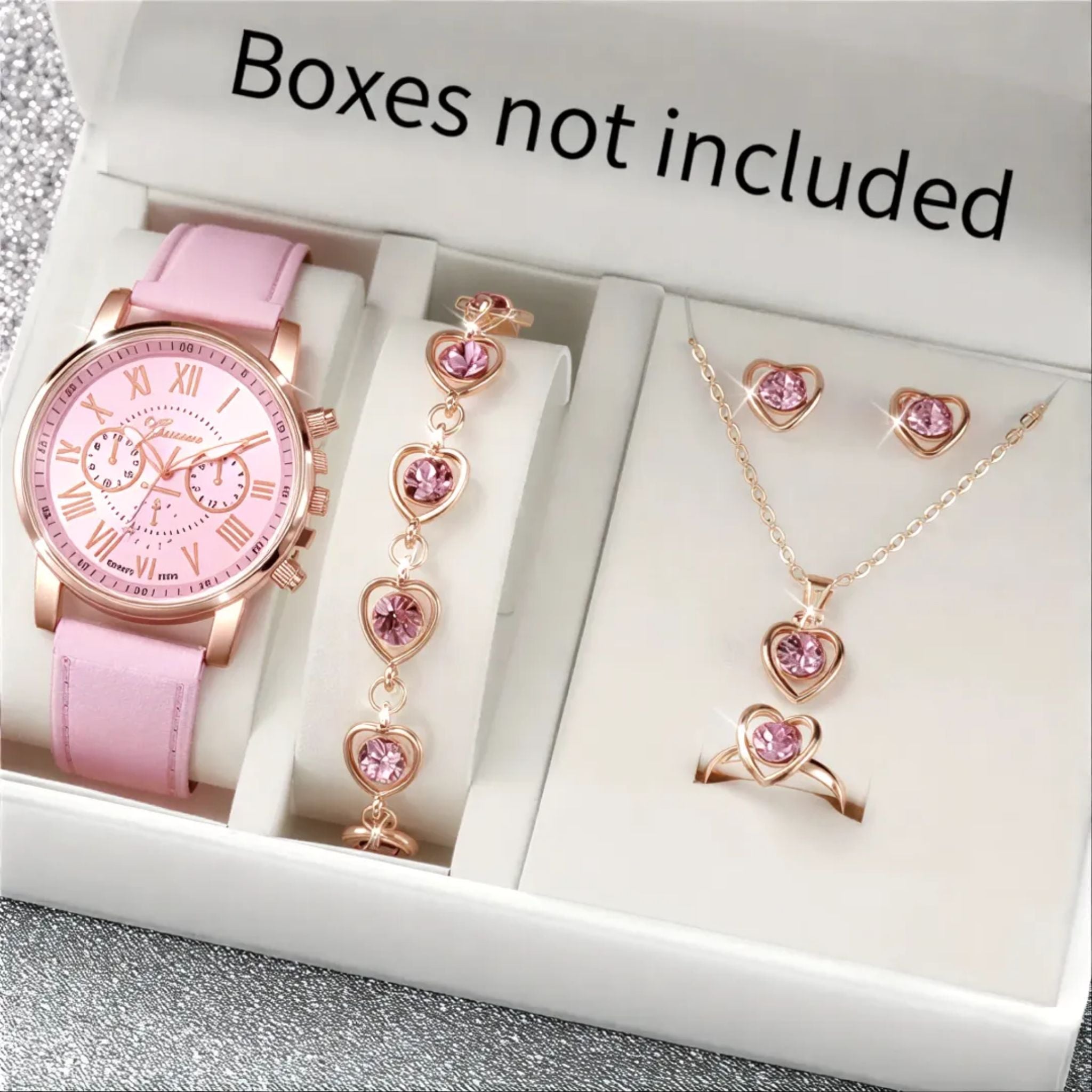 6-Piece Women's Quartz Watch & Heart Jewelry Gift Set with Leather Strap - Web Luxes