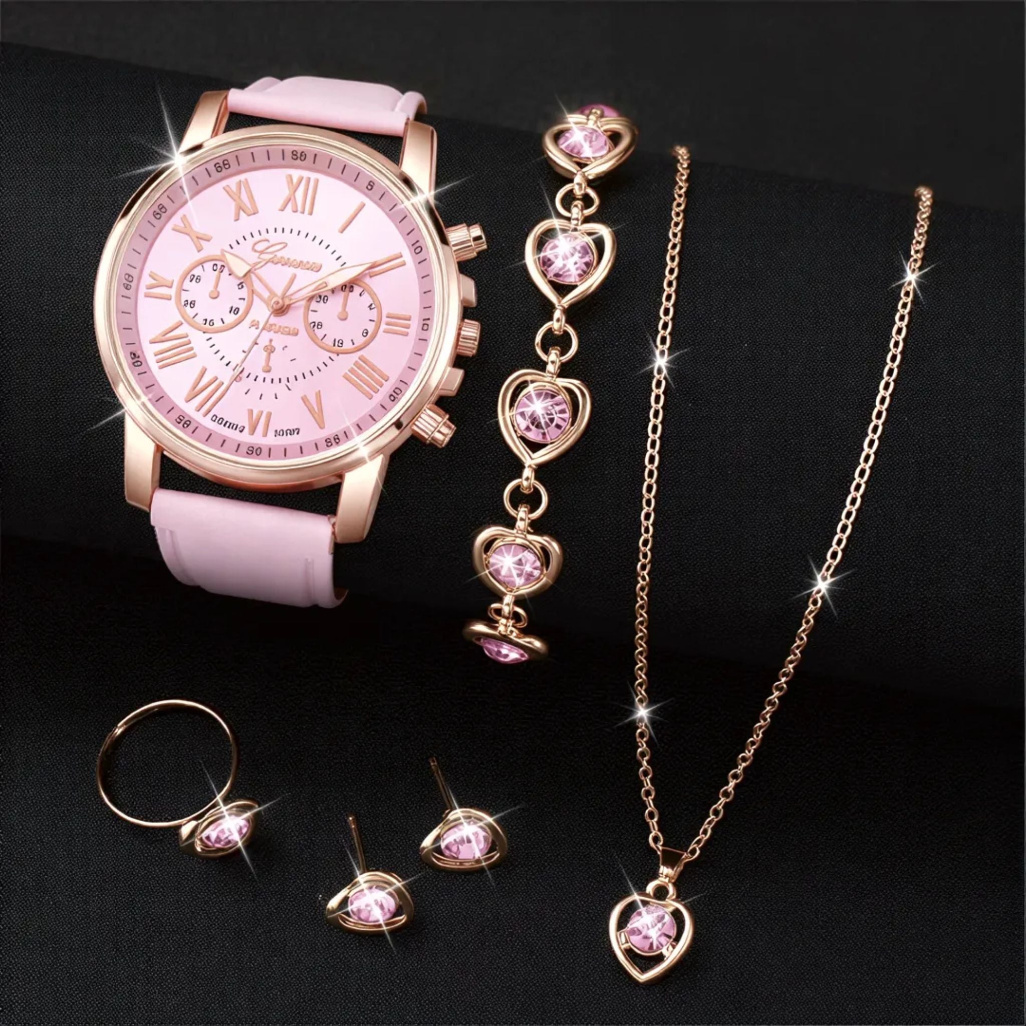 6-Piece Women's Quartz Watch & Heart Jewelry Gift Set with Leather Strap - Web Luxes
