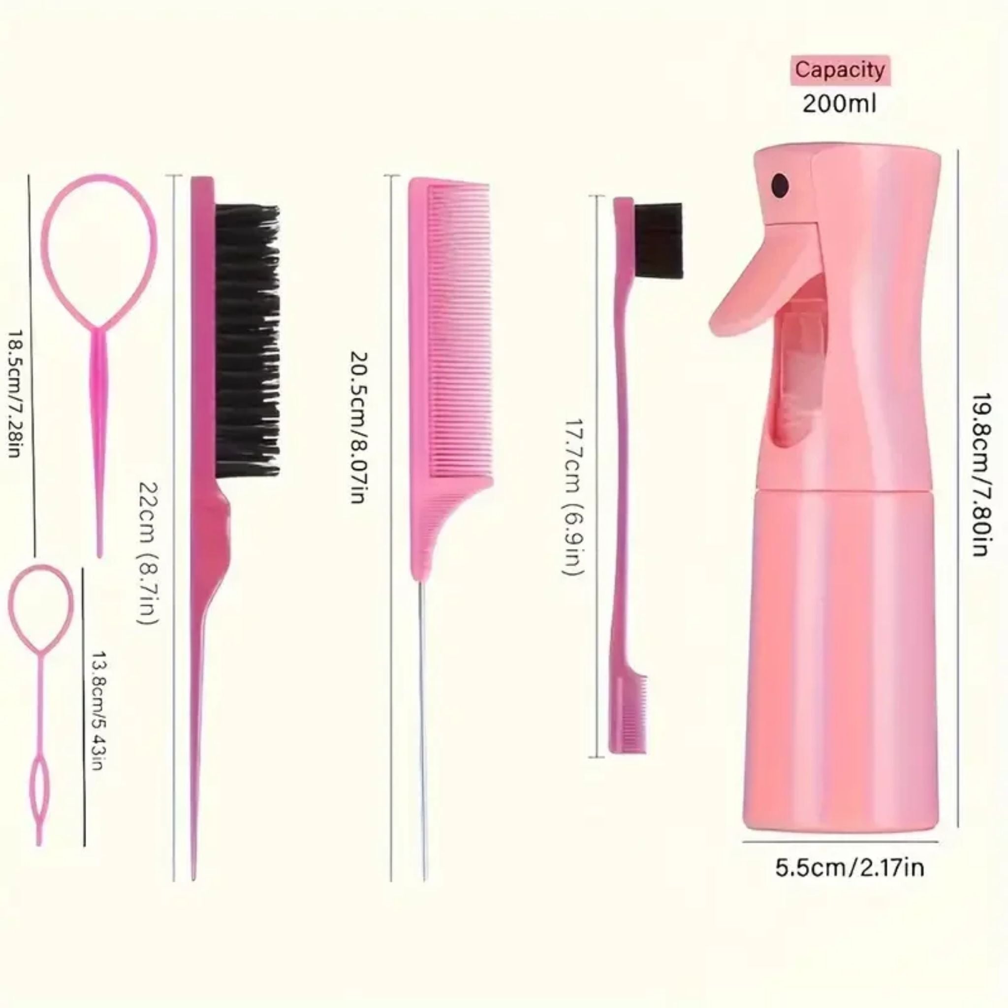 6PCS Hair Styling Tool Set with Spray Bottle, Rat Tail Comb, Edge Brush & Braiding Accessories - Web Luxes