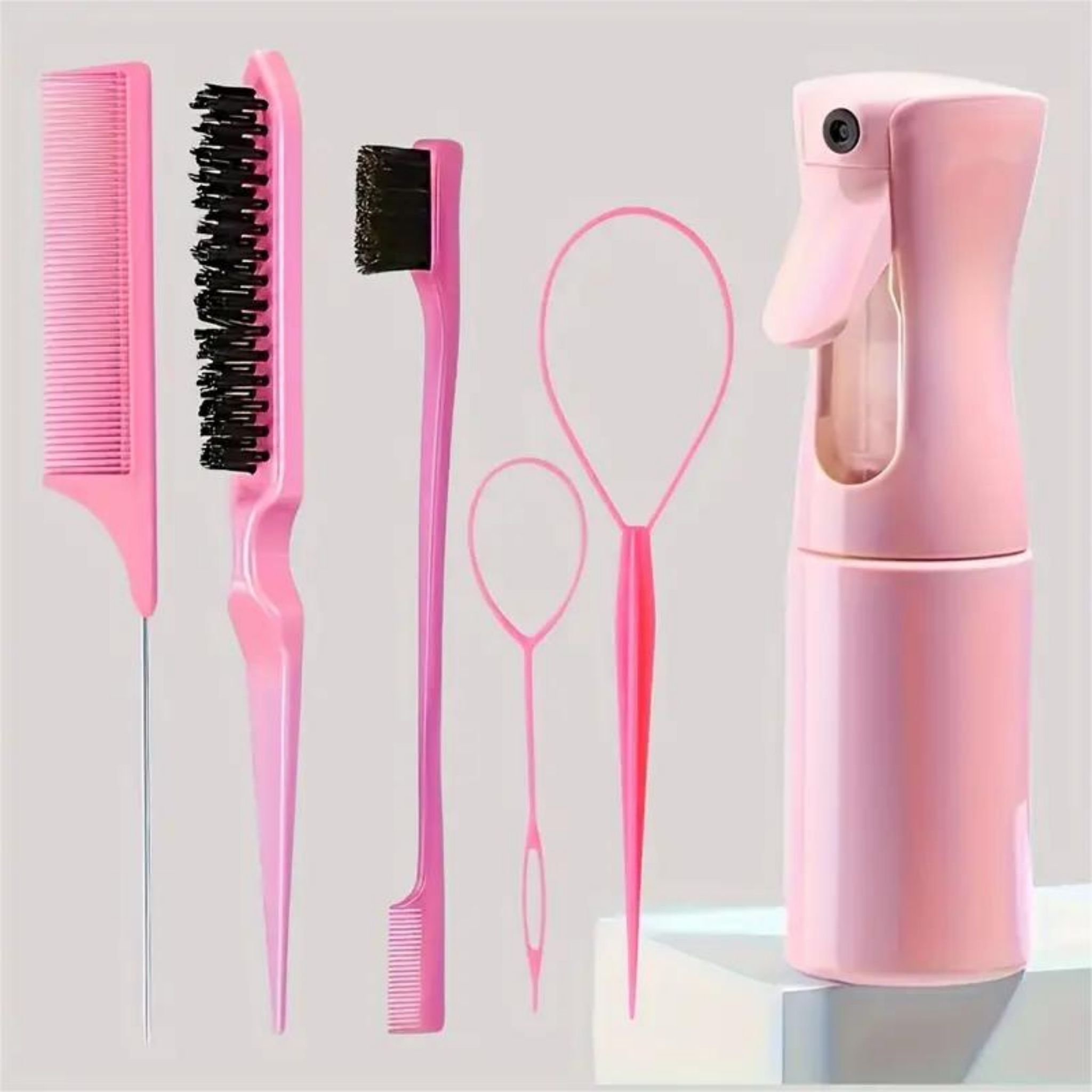 6PCS Hair Styling Tool Set with Spray Bottle, Rat Tail Comb, Edge Brush & Braiding Accessories - Web Luxes