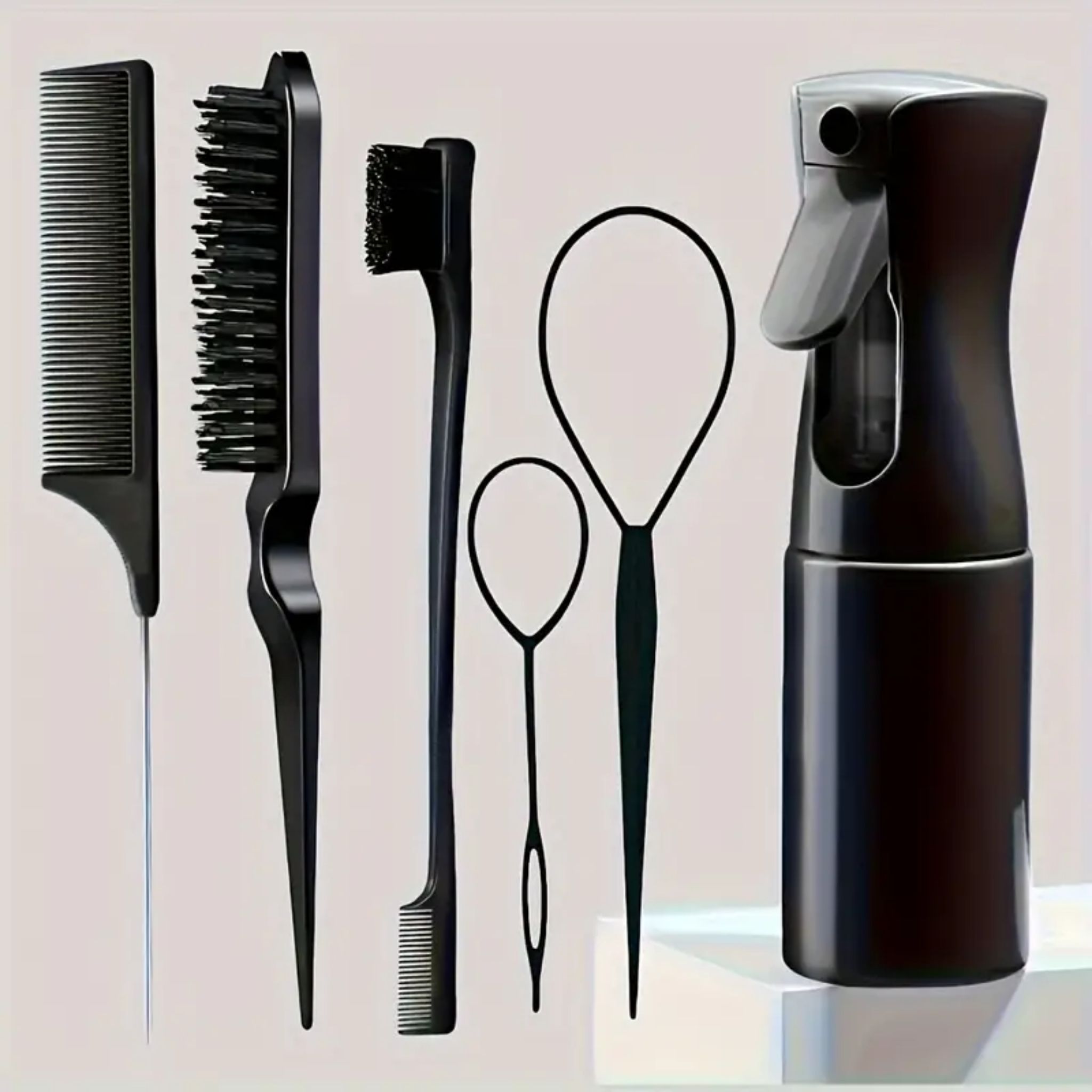 6PCS Hair Styling Tool Set with Spray Bottle, Rat Tail Comb, Edge Brush & Braiding Accessories - Web Luxes