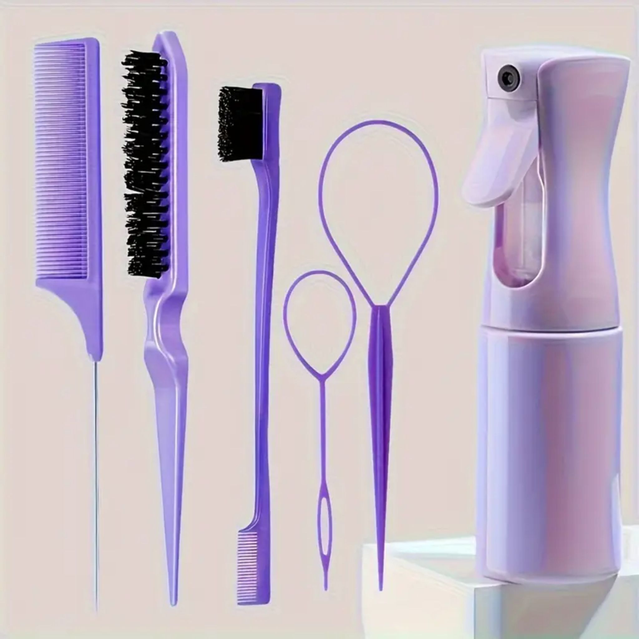 6PCS Hair Styling Tool Set with Spray Bottle, Rat Tail Comb, Edge Brush & Braiding Accessories - Web Luxes