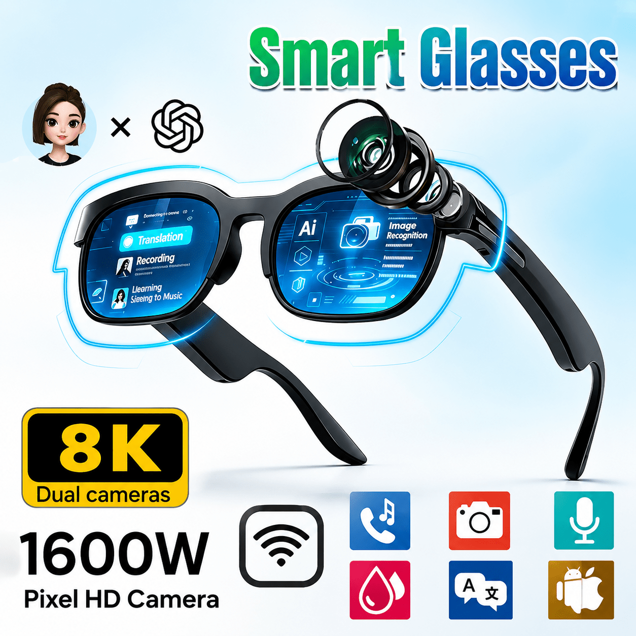 AI Smart Bluetooth Glasses - Voice Recording & Translation