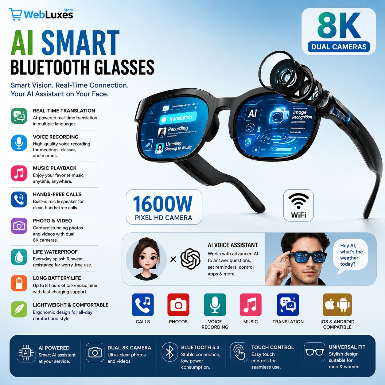 AI Smart Bluetooth Glasses - Voice Recording & Translation