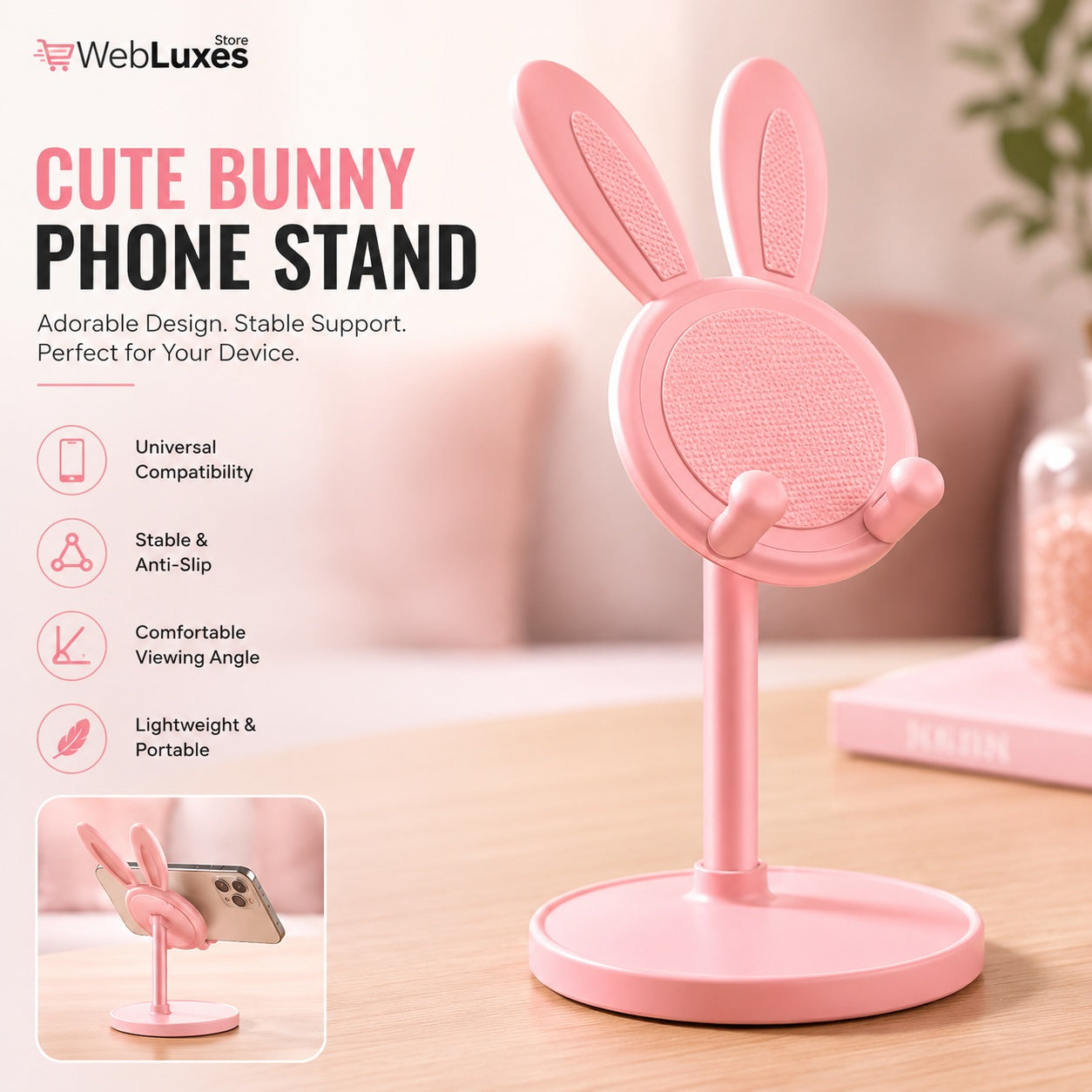 Adjustable Cute Rabbit Phone Stand, Foldable Desktop Mobile Phone Holder with Height & Angle Adjustment for Smartphones