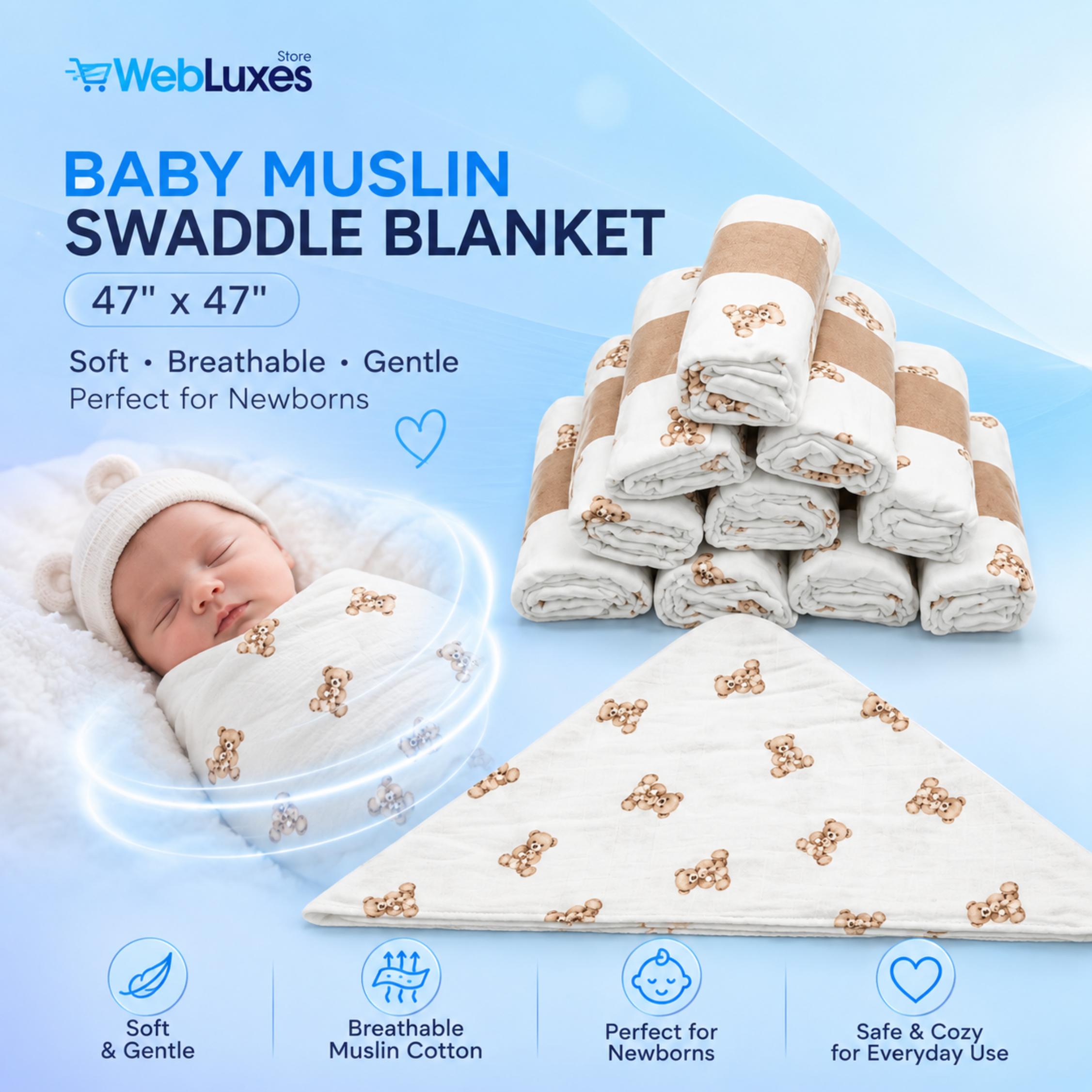 Baby Muslin Swaddle Blanket 47" x 47" Soft Breathable Receiving Blanket for Newborn Boys & Girls, Bear Print 