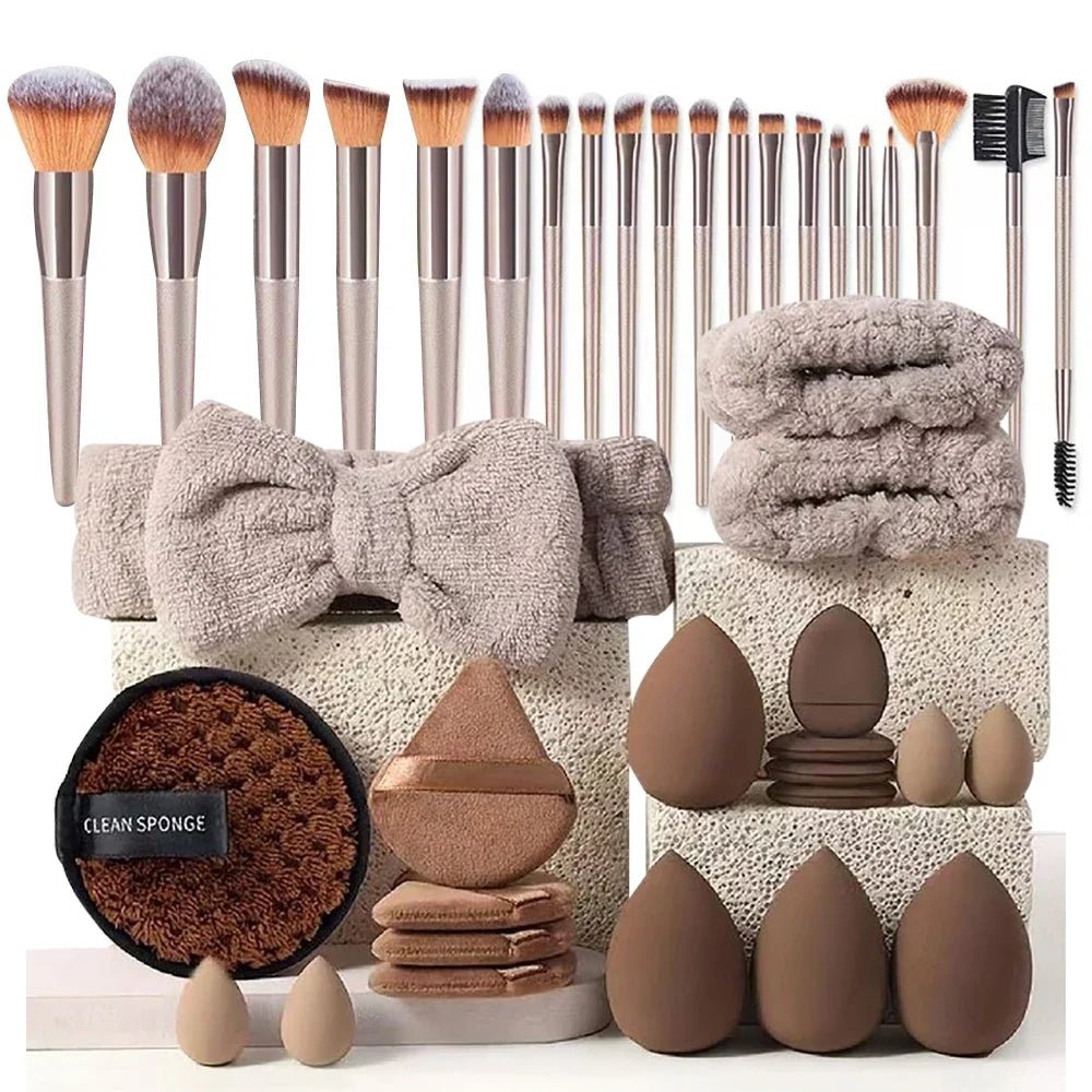 Brown Professional Makeup Brush & Beauty Sponge Set with Powder Puffs and Spa Headband - Web Luxes