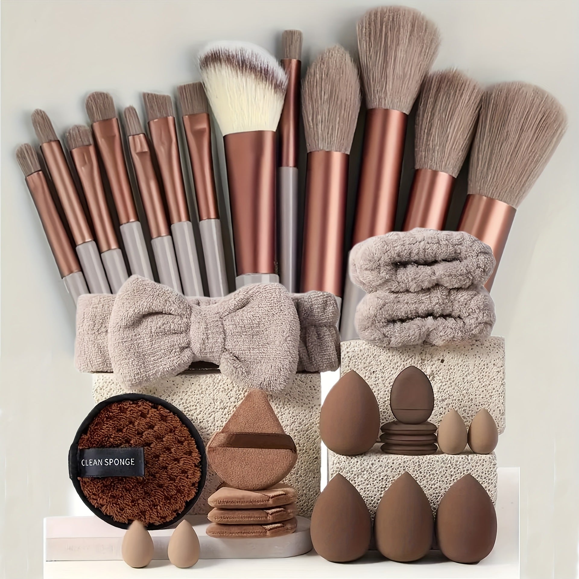 Brown Professional Makeup Brush & Beauty Sponge Set with Powder Puffs and Spa Headband - Web Luxes