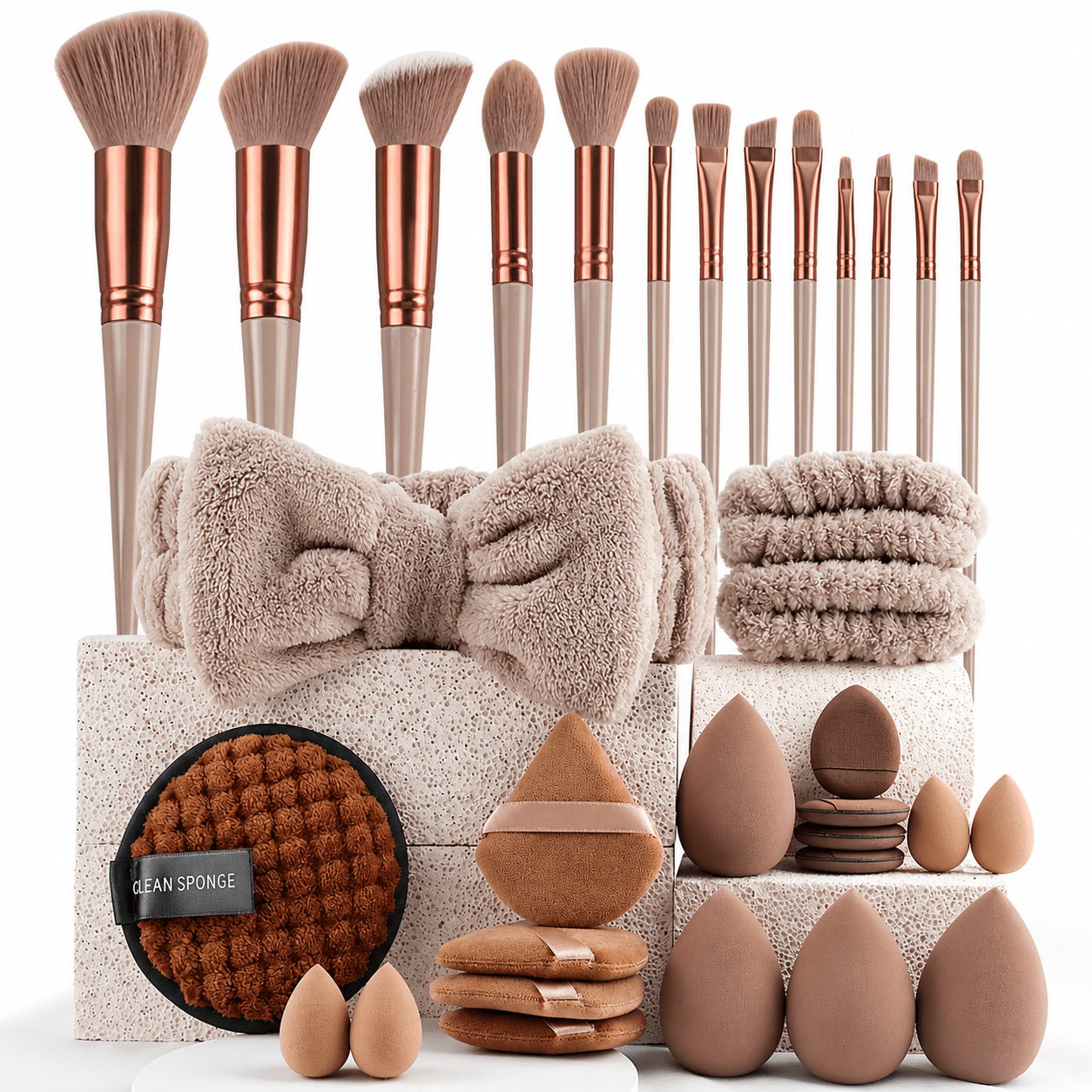 Brown Professional Makeup Brush & Beauty Sponge Set with Powder Puffs and Spa Headband - Web Luxes