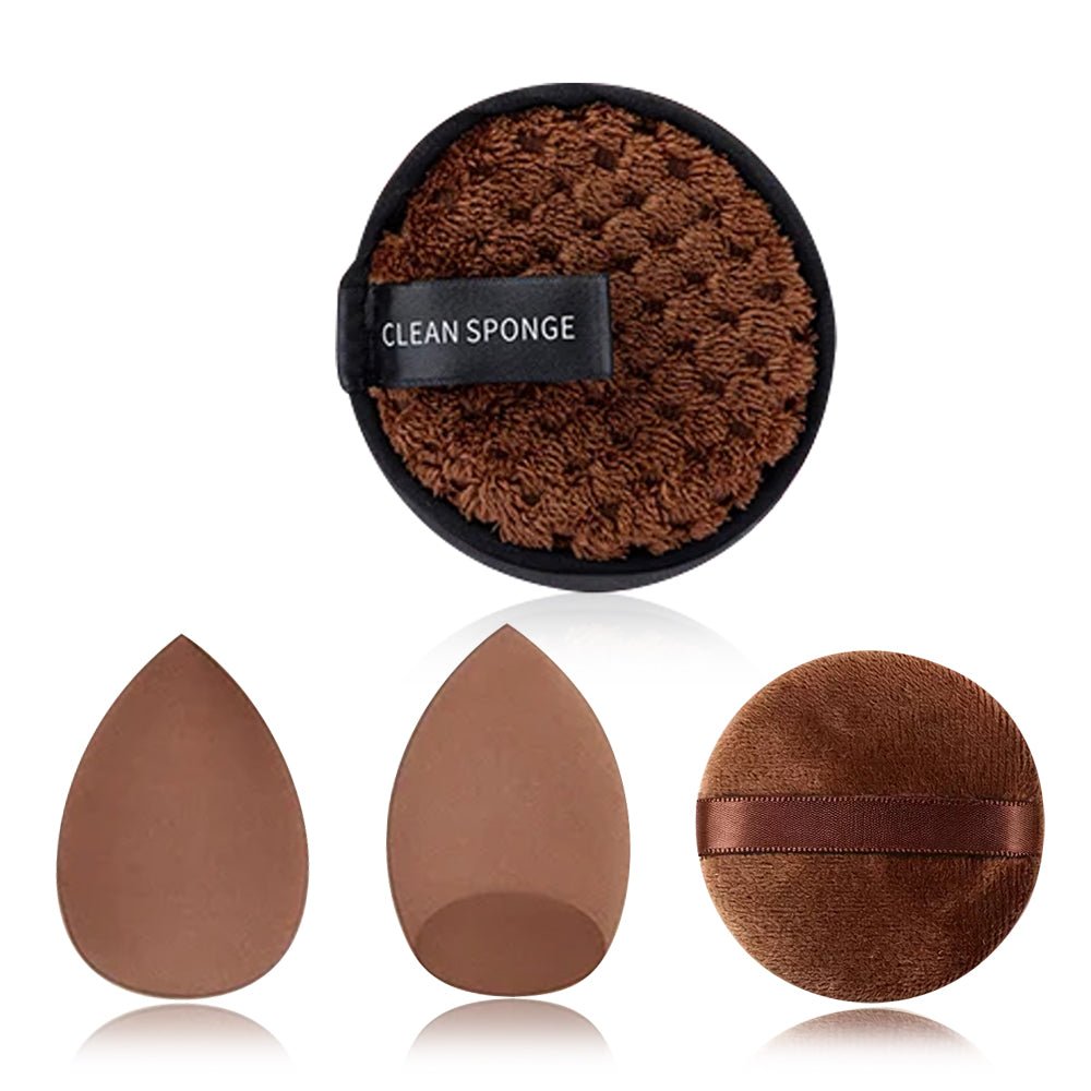Brown Professional Makeup Brush & Beauty Sponge Set with Powder Puffs and Spa Headband - Web Luxes